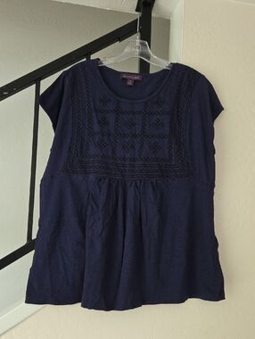 Gloria Vanderbilt Navy Short Sleeve Embroidered Yoke Top Size XXL